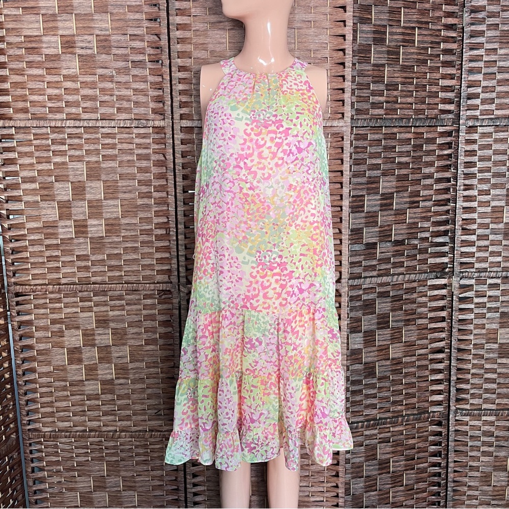 Sleeveless Pastel Animal Print Midi Dress, Boho Dopamine Rainbow Party,Size 12.